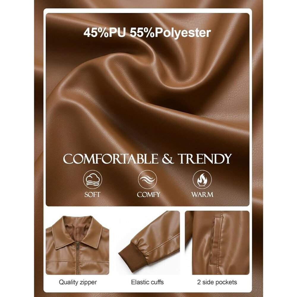 🆕Women's Brown Faux Leather Zip-Up Jacket with Ribbed Cuffs and Pockets - Picture 2 of 6